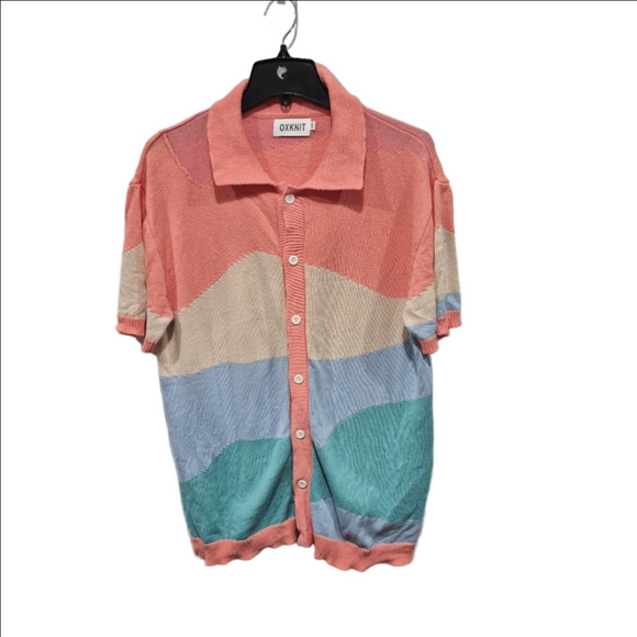 OXKnit Other - OXKNIT Short Sleeve Knit Polo Cardigan Abstract Wave Pattern Summer Knit